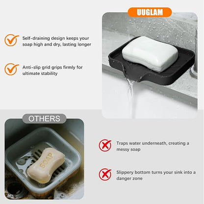2 Pack Silicone Soap Dish, Self Draining Soap Dish, Non Slip Bar Soap and Sponge Holder for Bathroom Kitchen Sink Counter Organizer Easy to Clean Soap Tray Waterfall Soap Saver