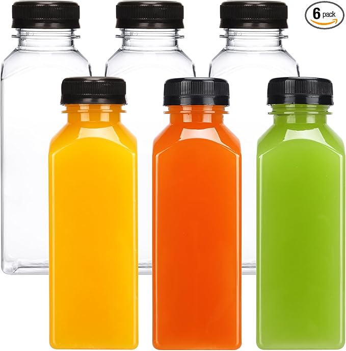 Moretoes 6pcs 12oz Plastic Juice Bottles with Caps, Clear Empty Reusable Water Bottles, Disposable Beverage Containers Bulk for Juicing Smoothies Turmeric Juice Milk and Other Beverages