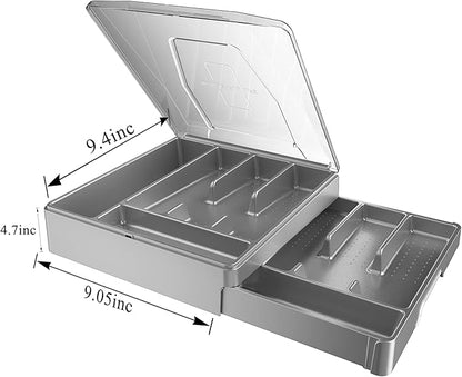 GoCozy Silverware Organizer with Lid, 9 Compartments Flatware Organizer, Plastic Utensil Holder for Countertop, Silverware Tray for Drawer, Gray