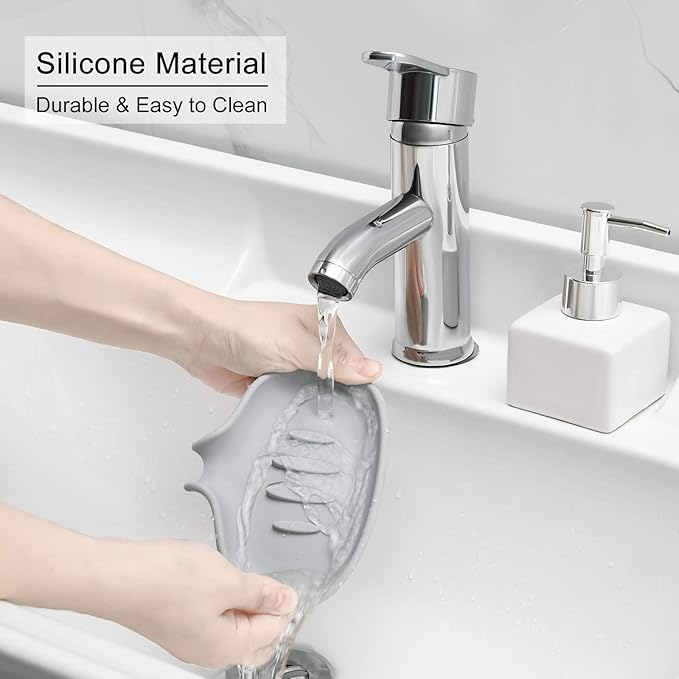 SUBEKYU Silicone Soap Dish for Bathroom,Bar Soap Holder for Shower with Draining Tray, Waterfall Soap Tray for Kitchen Sink, Set of 2 (2 * Gray)