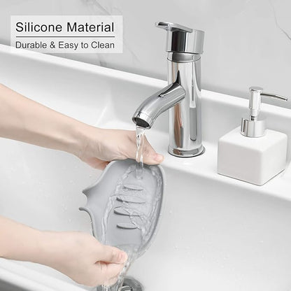 SUBEKYU Silicone Soap Dish for Bathroom,Bar Soap Holder for Shower with Draining Tray, Waterfall Soap Tray for Kitchen Sink, Set of 2 (White + Gray(Style 1))
