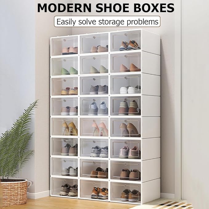 24PCS Transparent Plastic Shoe Box Organizer ,Portable Folding Shoe Rack with Clear Door, Space Saving Sneaker Container Bin Holder,Easy To Clean And Install,Black