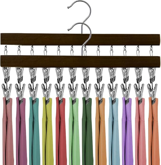2 Pack Legging Organizer for Closet with 24 Rubber Coated Clips, Hanging Wooden Plants Organizer Hangers 360°Roatable Hook Space Saving for Jeans/Yoga Pants/Shorts/Skirts (Black)