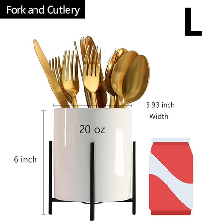 2pcs Cutlery Holder White Ceramic With Black Matte Bracket Robust Silverware Caddy For Store Forks, Knives, Spoons, Napkins, Medium