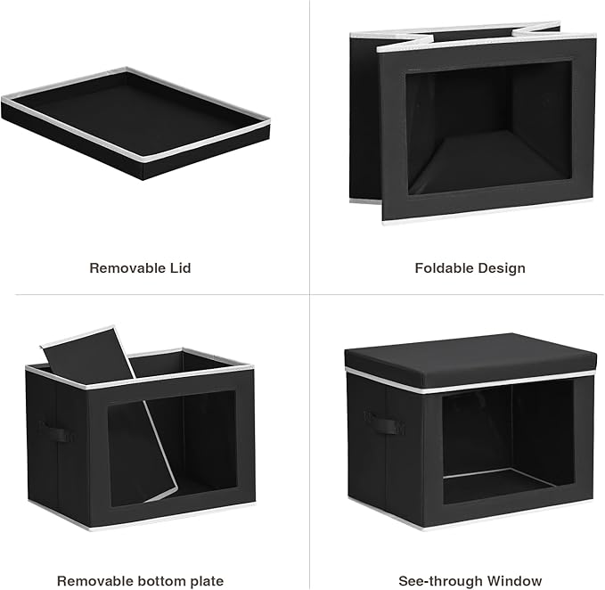 Homsorout Storage Bins with Lids, 4 Pack Large Storage Cubes with Window, Closet Bins with Lids & Handles, Fabric Box for Organizing Clothes, Towels, Books, Black