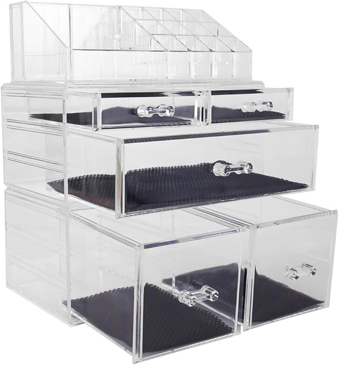 Sooyee 4 Doors Foldable Necklace Hanging Jewelry Organizer Double Sided Stand Display & 3 Pieces Clear Acrylic Cosmetic Storage Drawers and Jewelry Display Box,Clear