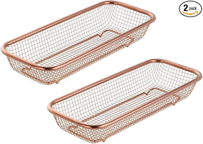 Kitchen Flatware Drawer Organizer, 2pcs Stackable Mesh Cabinet Storage Basket, Stainless Steel Kitchen Utensils Filter Drying Rack Holder for Knives, Fork, Spoon Chopsticks (Rose Gold)