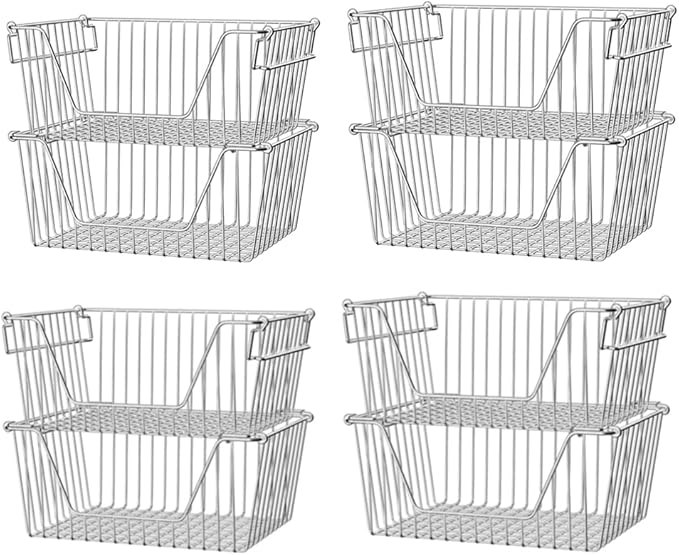 Slideep 14" Large Stackable Storage Baskets, Cabinet Organizer Sturdy Metal Wire Pantry Freezer Bin for Pantry Home Bathroom Kitchen Organization - Set of 8