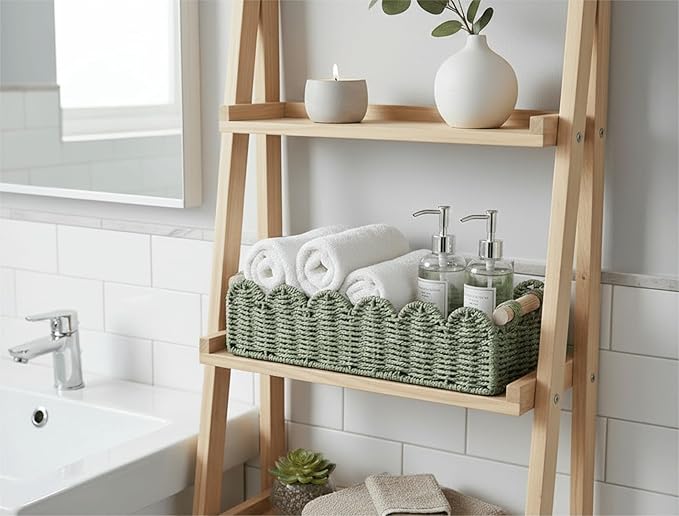 CubesLand Toilet Paper Storage Basket Scalloped Edge Home Decor Green Basket, Living Room Cozy Decor, Paper Rope Small Baskets for Over Toilet Storage Shelf, End Table, Shelves, with 2 Wooden Handles