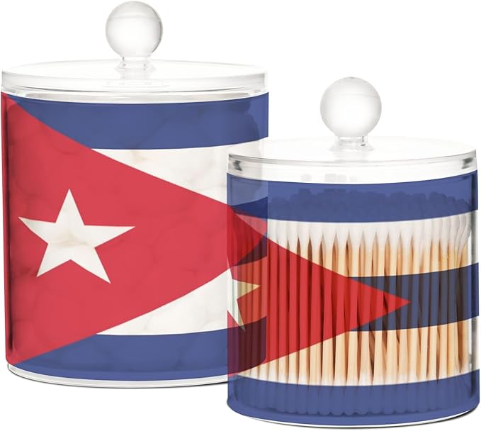 DOMIKING Cuba Flag 2 Pack Bathroom Canisters Cotton Swab Holder Dispenser Plastic Cotton Ball Jar Acrylic Storage Containers for Cotton Swab Cotton Ball Cotton Round Pads
