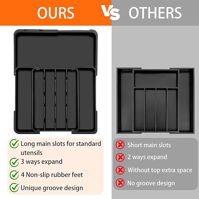 Silverware Organizer Expandable Utensil Drawer Organizer Adjustable Drawer Organizer, Flatware Cutlery Silverware Tray for Spoons Forks Knives Kitchen Organizers Storage (Black)