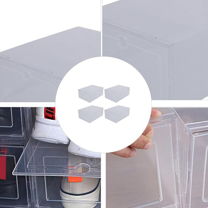 Housoutil 4pcs Pp Plastic Shoe Storage Boxes Drawer-style Stackable Shoe Organizer for Home Closet and Entryway