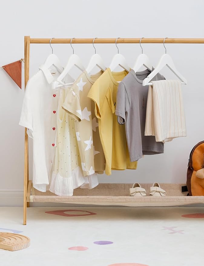 StorageWorks Baby Hangers 20 Pack, Maple Wood Clothes Organizer for Toddler, Kids Wooden Hanger with Pant Bar for Closet, White