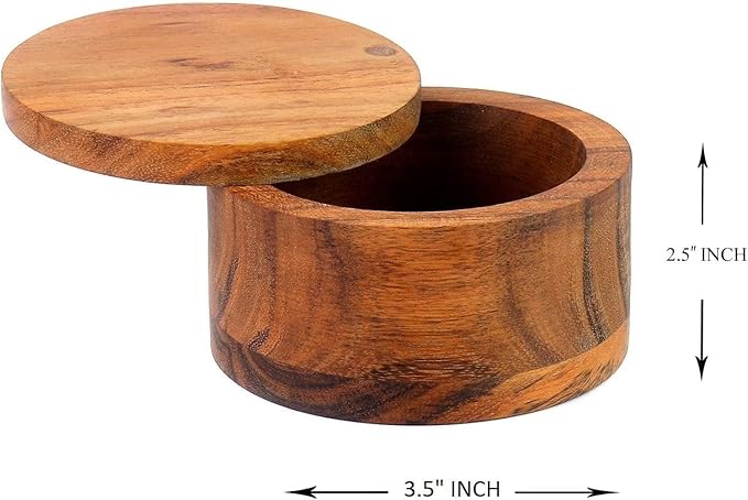 Kaizen Casa Acacia Wood Salt or Spice Box with Swivel Cover perfect for keeping table salt, gourmet salts, herbs or favorite seasonings, close at hand on your countertop.