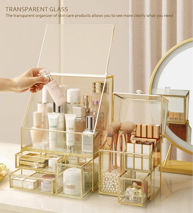 YUEHUA Makeup Organizer Glass Makeup Holder Bathroom Countertop Vanity Cosmetic Organizer for Lipsticks Skincare Toner Storage