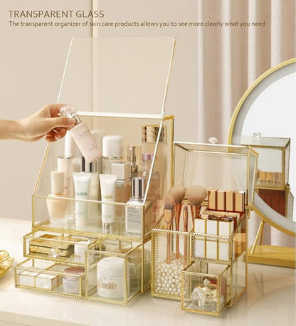 YUEHUA Makeup Organizer Glass Makeup Holder Bathroom Countertop Vanity Cosmetic Organizer for Lipsticks Skincare Toner Storage