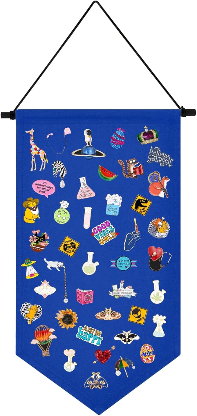 Kunyeah Wall Hanging Brooch Organizer Storage Case Colorful Canvas Pin Board Stand Enamel Pin Badge Hanging Holder Display Banner Earrings Collection Holder - Pins No Included (Blue)