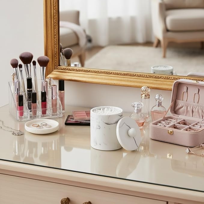 Bathroom Qtip Holder Dispenser with Lid,Vanity Cotton Swab Holder,Resin Cotton Ball Container,Makeup Sponges Cosmetics Canister,Bath Salts Storage Box for Bathroom (Marble White of 2)