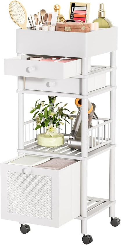 Amazer Bamboo Makeup Organizer Cart with 3 Drawers, Floor Skin Care Storage for Bathroom Bedroom, Rolling Vanity Organizer Cart for Cosmetic, Nail Polish, Perfume and Hair Tools, White