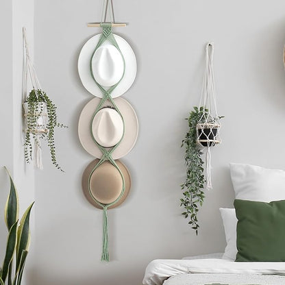 Yulejo Macrame Hat Hangers Racks Boho Cowboy Hats Holders Western Display Organizer Storage decor Back of Door for Wall(Sage Green,Three Hats Style)