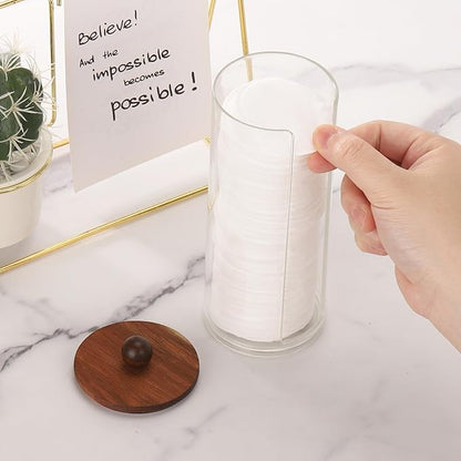 Tecbeauty Cotton Pads Holder Makeup Removers Organizer Bathroom Storage Cotton Rounds, Clear, Wood Lid