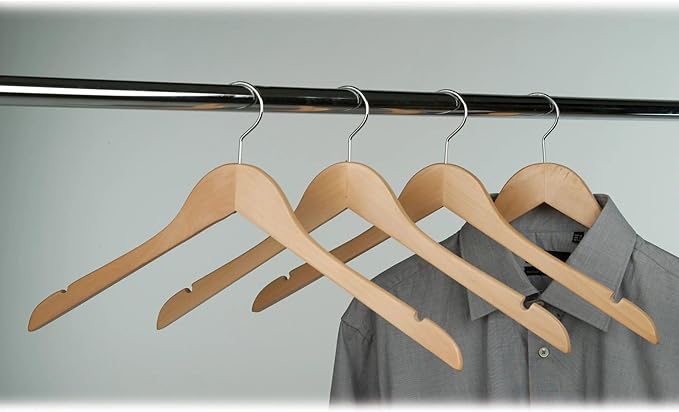 Econoco Flat Wooden Hangers with Chrome Hook, Deluxe Durable Natural Finish Blouse and Dress Hangers, No Bar, Pack of 100