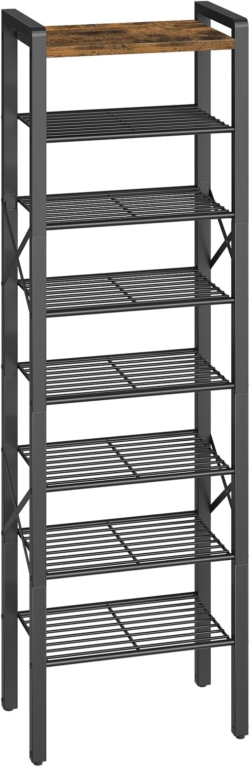 YATINEY 8-Tier Narrow Shoe Rack, Tall Shoe Rack for 8-16 Pairs, Slim Shoe Storage Organizer with Wooden Top, Space Saving, Metal Frame, for Entryway, Rustic Brown and Black SS608BR