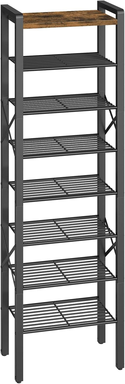 YATINEY 8-Tier Narrow Shoe Rack, Tall Shoe Rack for 8-16 Pairs, Slim Shoe Storage Organizer with Wooden Top, Space Saving, Metal Frame, for Entryway, Rustic Brown and Black SS608BR