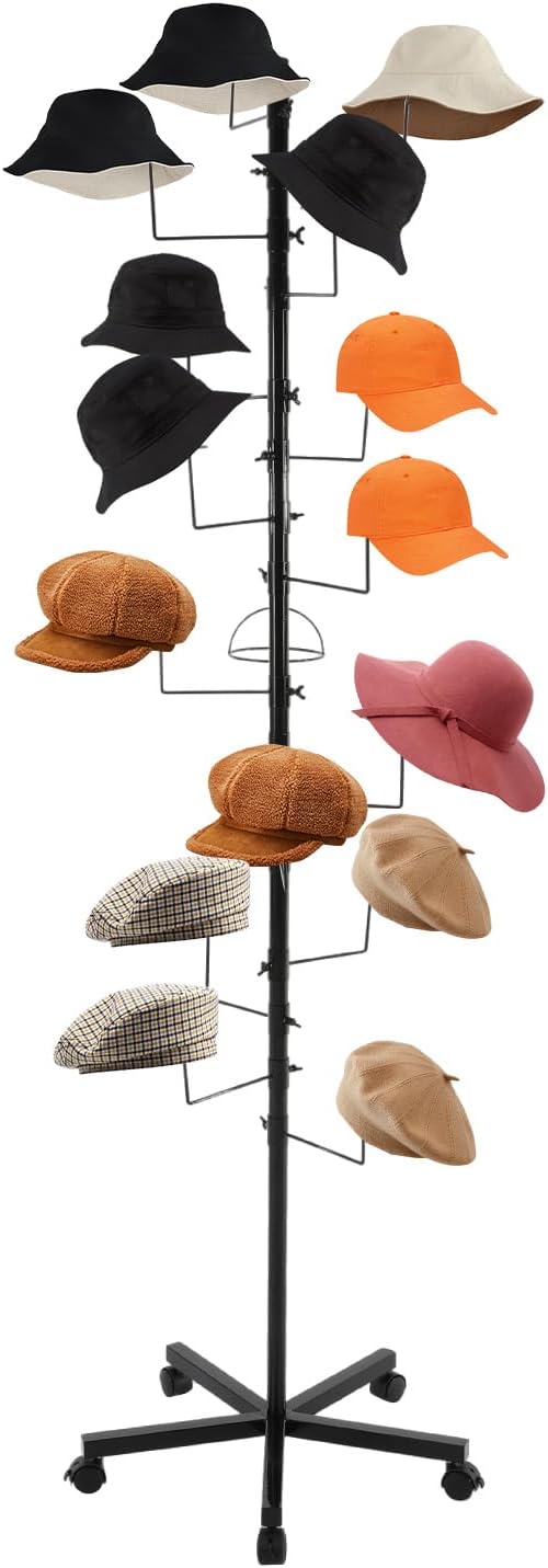 Hat Rack with 16 Circular Hooks, Metal Hat Display Stand, Freestanding Rotating Hat Stand, Adjustable Large Hats Display Rack, Modern Floor Wig Rack for Home Retail Store (Black)