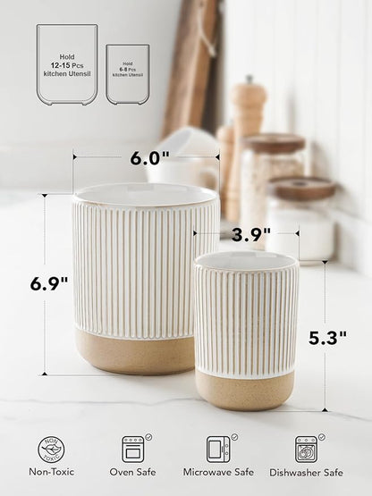 LE TAUCI Ceramic Utensil Holder for Kitchen Counter - 6.9"+5.3" Large Kitchen Utensil Holder Set of 2, Cooking Utensil Crock & Organizer for Spatula, Spoon - Modern Kitchen Decor, Cream Beige, Line