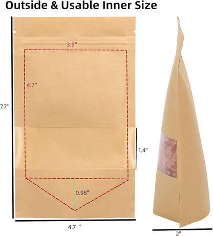 100pcs Kraft Paper Treat Bags with Window, Ziplock Stand Up Pouches for Packing Food Cookies Snacks