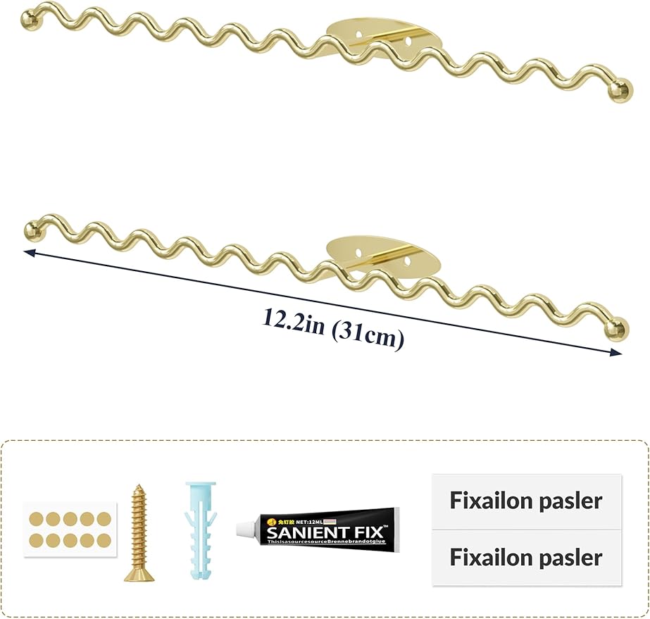 NiHome Wall Mounted Metal Jewelry Organizer Racks for Necklaces, Earrings, Bracelets, Rings, Decorative Display Wave Design Storage Holders for Bedroom, Bathroom, Kitchen, Entryway (2-Pack, Gold)