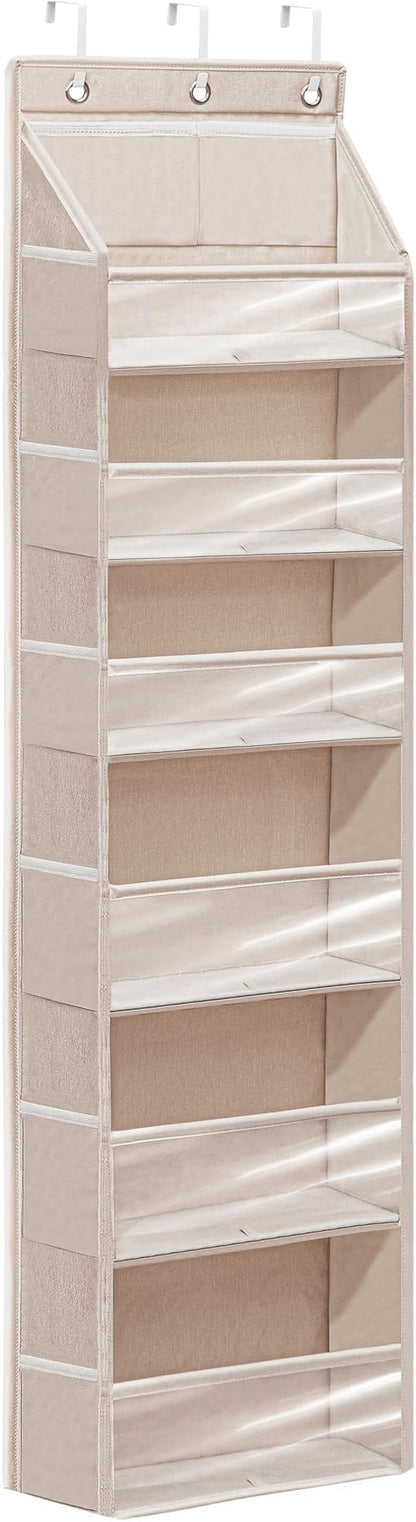 Over Door Organizer with 6 Extra Large Pockets and 12 Side Pockets, Large Capacity Hanging Storage Organizer with Clear Window for Shoes, Diapers, Beige, 6 Layers, 1-Pack