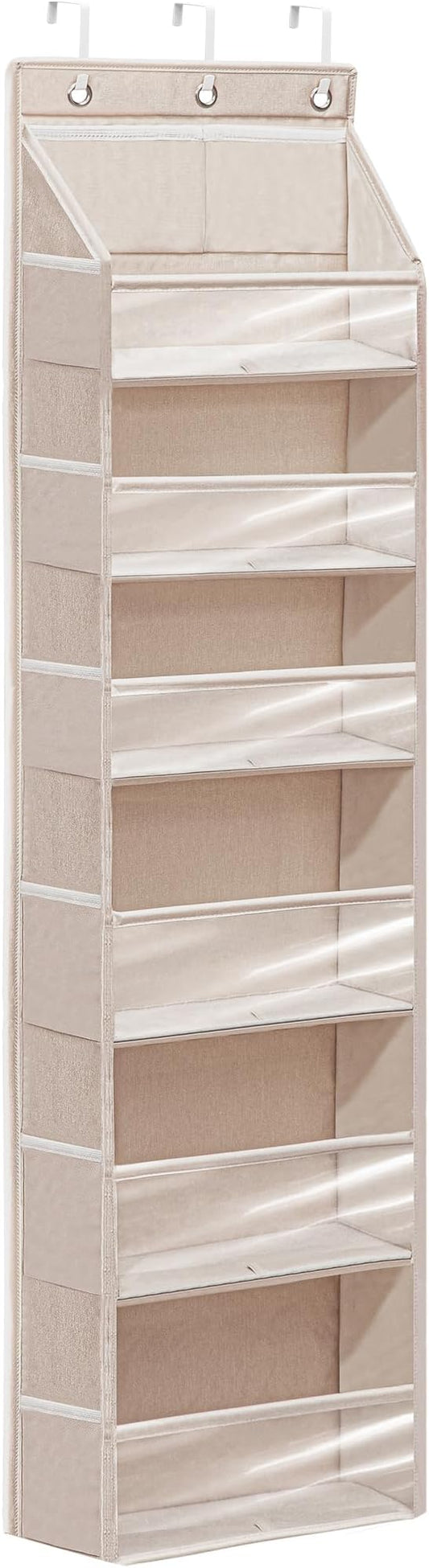 Over Door Organizer with 6 Extra Large Pockets and 12 Side Pockets, Large Capacity Hanging Storage Organizer with Clear Window for Shoes, Diapers, Beige, 6 Layers, 1-Pack
