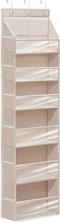 Over Door Organizer with 6 Extra Large Pockets and 12 Side Pockets, Large Capacity Hanging Storage Organizer with Clear Window for Shoes, Diapers, Beige, 6 Layers, 1-Pack