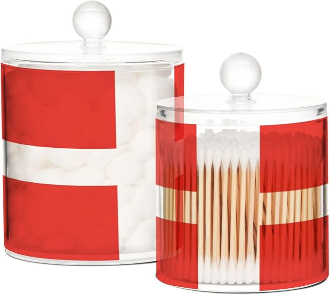 DOMIKING Danish Flag 2 Pack Bathroom Canisters Cotton Swab Holder Dispenser Plastic Cotton Ball Jar Acrylic Storage Containers for Cotton Ball Floss Picks Hair Clips