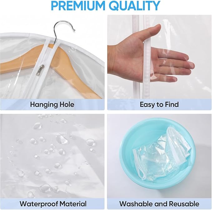 60” All Clear Garment Bags for Travel - PEVA Waterproof Suit Cover with Zipper for Hanging Clothes, long Gowns - Durable Dresser for Closet Storage, Dustproof & Moisture Resistant - 60”/12 Pack