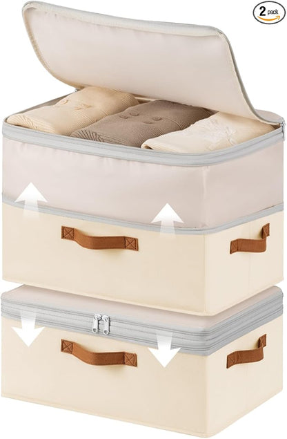 Homsorout Large Closet Storage Bins - Compression Organizer Bins, Stackable Closet Organizer, Expandable Under Bed Storage Containers for Clothes, Towels, Sheet, 2 Pack, Beige