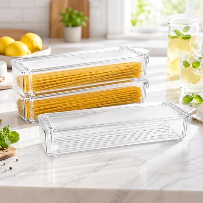 3 Pack Pasta Storage Container Plastic Spaghetti Food Storage Box, Airtight Spaghetti Noodle Holder Rectangular Chopstick Storages Box for Spaghettis, Pasta, Noodles, Eggs, Fruits Snacks