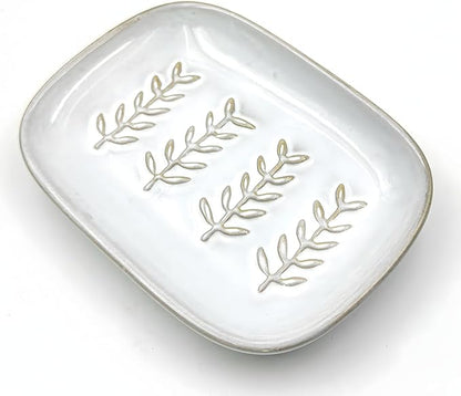 HighHerz Aesthetic Ceramic Soap Dish for Shower, Soap Holder with Raised Relief, Shower Soap Dish for Shampoo Bar Or Sponge, Soap Saver for Bathroom, Kitchen, Sink, Decorative Soap Tray (White)
