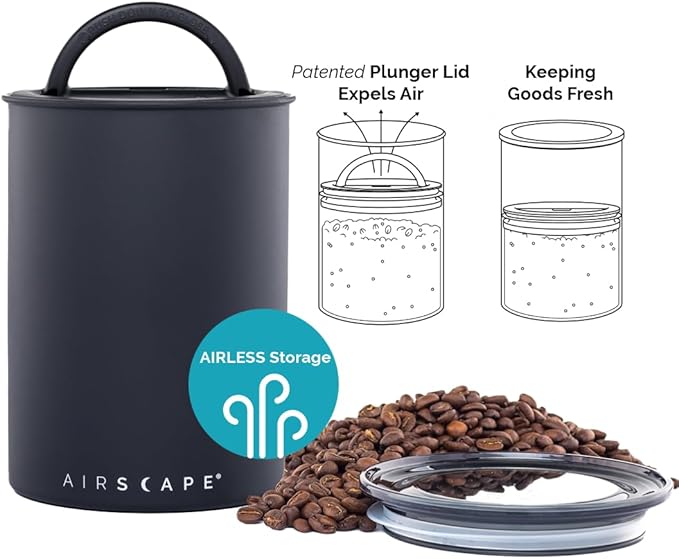 AirScape Planetary Design Stainless Steel Coffee Canister | Food Storage Container | US Patented Inner Plunger Lid REMOVES Excess Oxygen | Don't Buy airtight, Buy AIR-Less | (Medium, Matte Black)