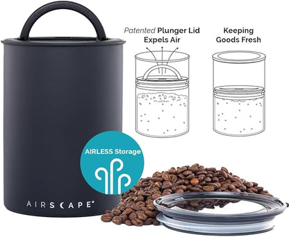 AirScape Planetary Design Stainless Steel Coffee Canister | Food Storage Container | US Patented Inner Plunger Lid REMOVES Excess Oxygen | Don't Buy airtight, Buy AIR-Less | (Medium, Matte Black)