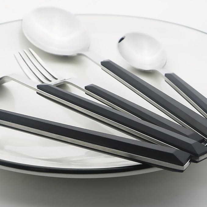 24piece Silverware Set with Hanging Holder, Stainless Steel Tableware Set With Cutlery Storage Rack, Decent Gift Box For Housewarming, Party, Dining - Black Silver, set of 6