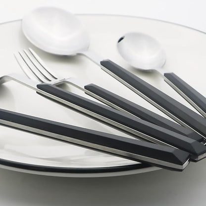 24piece Silverware Set with Hanging Holder, Stainless Steel Tableware Set With Cutlery Storage Rack, Decent Gift Box For Housewarming, Party, Dining - Black Silver, set of 6
