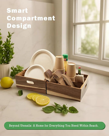 Acacia Wood Utensil Holder for Party (Set of 2) - 11" x 9.5" Utensil Caddy for Parties & Silverware Caddy for Countertop - Holds Plates, Napkins, Cups, Spoons, Forks - Kitchen Accessories
