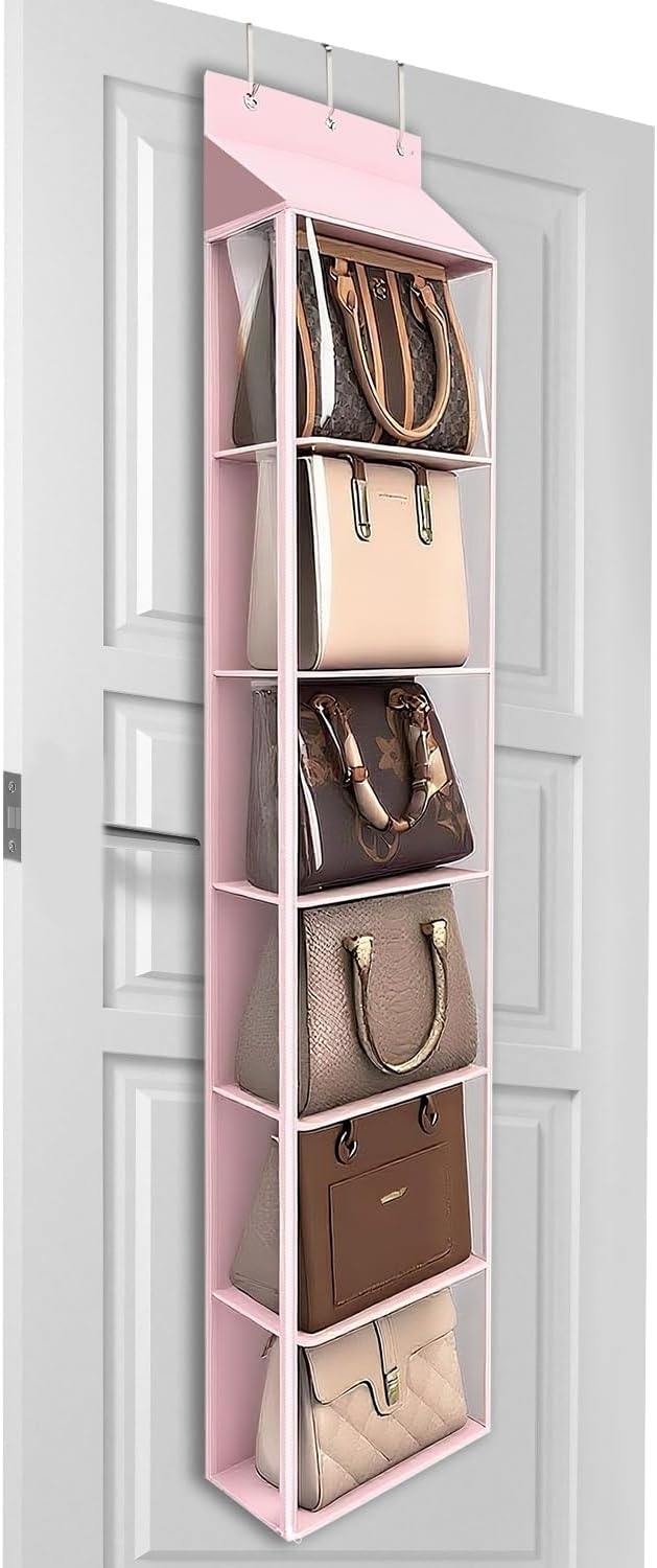 Lirex Over The Door Purse Organizer & Purse Shelf for Closet – Handbag Storage Organizer with Purse Hanger. Perfect for Scarves, Hats, and Leggings. L (15.7'' x 5.7'' x 68''), Pink