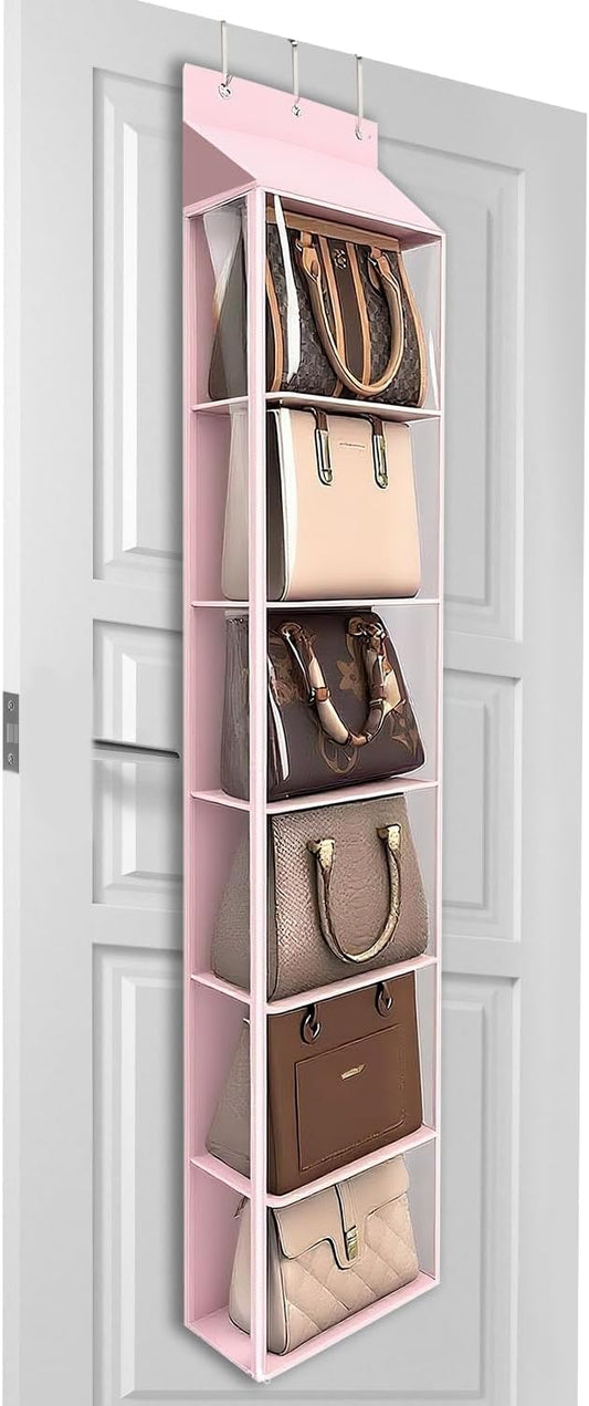 Lirex Over The Door Purse Organizer & Purse Shelf for Closet – Handbag Storage Organizer with Purse Hanger. Perfect for Scarves, Hats, and Leggings. S (11.8'' x 5'' x 51.6''), Pink