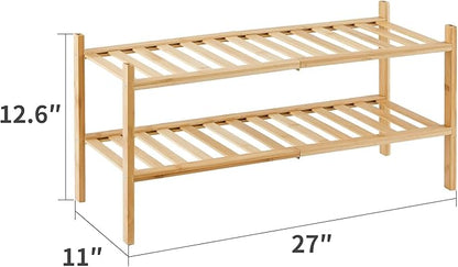 2-Tier Bamboo Shoe Rack for Entryway, Stackable | Heavy Duty | Multi-Function, Free Standing Shoe Racks for Bedroom Hallway Closet