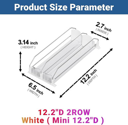 Can Dispenser for Mini Fridge (Depth ≥12.2" Required), Fits 12oz Soda, Width Adjustable Automatic Pusher, 2-Row Holds 8 Cans, White