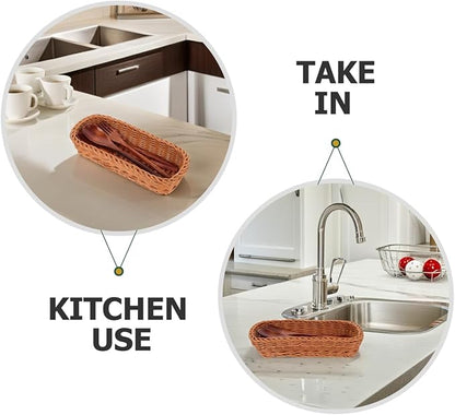 Angoily Wicker Silverware Organizer, Hand-Woven Wicker Flatware Silverware Holder, Kitchen Organizer Storage for Countertop Small Utensil Holders Party Table Spoon Knives Fork Flatware Candy Basket